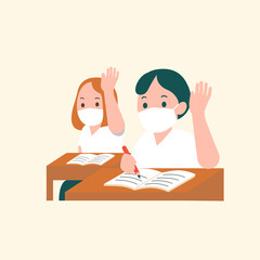 Students  studying in the new normal character flat graphic