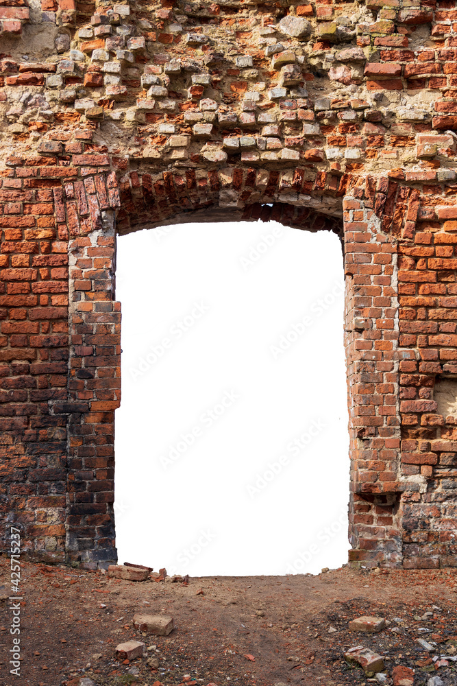 Poster old wall made of old bricks with a hole in the middle. isolated on white background. grunge frame. v