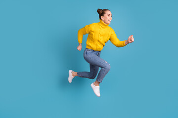 Fototapeta na wymiar Full size profile portrait of crazy energetic lady running look empty space isolated on blue color background