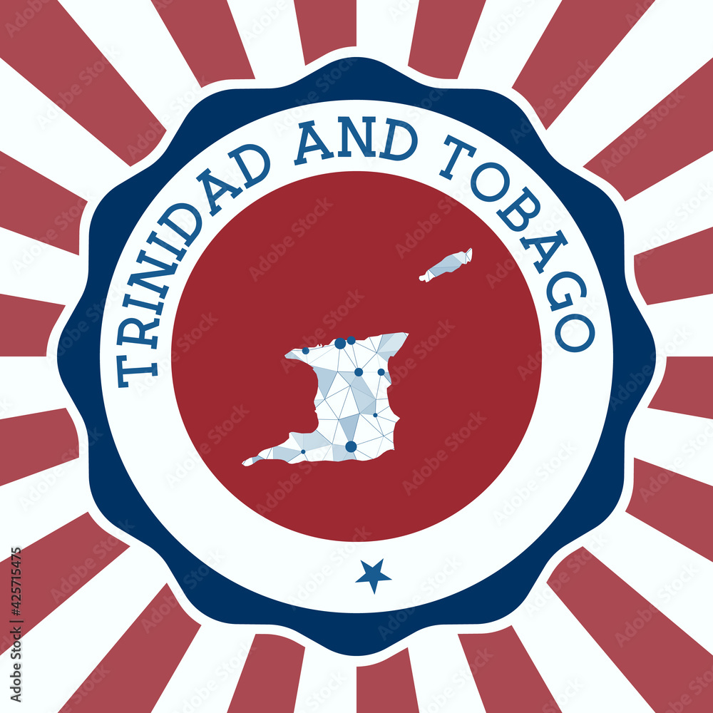 Poster trinidad and tobago badge. round logo of the country with a triangular mesh map and radial rays. eps