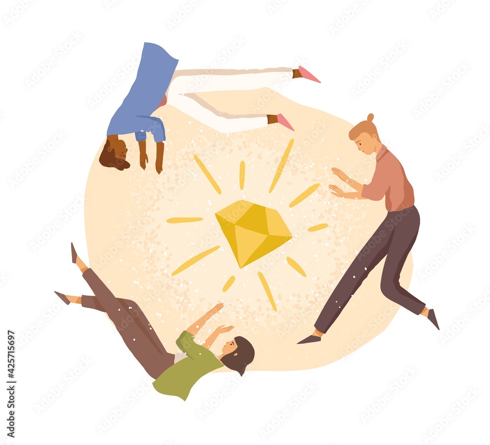 Poster team of people working on project together to achieve common goal. staff around diamond. concept of 