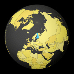 Finland on dark globe with yellow world map. Country highlighted with blue color. Satellite world projection centered to Finland. Beautiful vector illustration.
