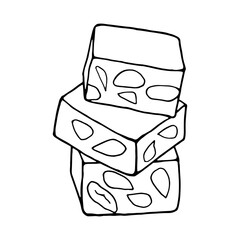 Vector hand-drawn turron. Spanish dessert. Design sketch element for menu cafe, bistro, restaurant, bakery, label and packaging. Illustration on a white background.
