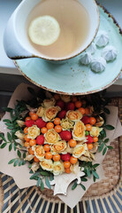 bouquet and cup of tea beautiful morning