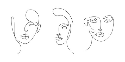 Woman Face Continuous One Line Vector Drawing Set. Style Template with Abstract Female Faces. Modern Minimalist Simple Linear Style. Beauty Fashion Design