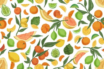 Seamless pattern with different citrus fruits on white background. Hand-drawn endless texture with oranges, lemons, tangerines, bergamot and grapefruits. Colored vector illustration for printing - obrazy, fototapety, plakaty