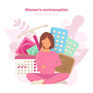Different types of female contraception. Concept of woman that are thinking about appropriate contraception for her. Vector illustration. 