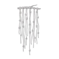 macrame. stick with ropes and knots. black and white illustration . nodular letter kipu