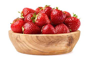 Wooden bowl of Fresh strawberry isolated on white background