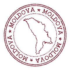 Moldova round rubber stamp with country map. Vintage red passport stamp with circular text and stars, vector illustration.