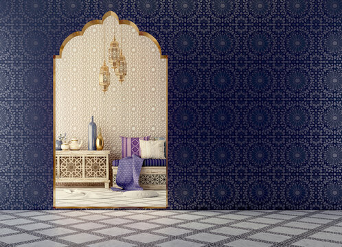 Arabic,Islamic style interior design with arch and arabic pattern.3d rendering