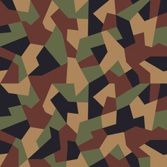 Obraz premium Geometric camouflage pattern background, seamless vector illustration. Urban clothing style, masking camo repeat print. Green brown black colors forest texture.