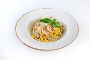 fresh pasta with cheese and mushroom sauce on a white plate in the studio