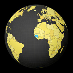 Guinea on dark globe with yellow world map. Country highlighted with blue color. Satellite world projection centered to Guinea. Neat vector illustration.