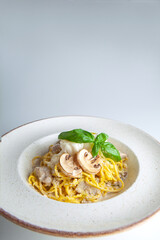 fresh pasta with cheese and mushroom sauce on a white plate in the studio