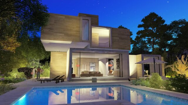 Contemporary original cubic home  with pool and garden in the evening