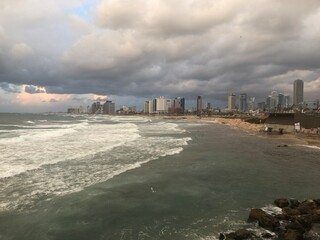 rough sea, wind, waves, evening Tel Aviv