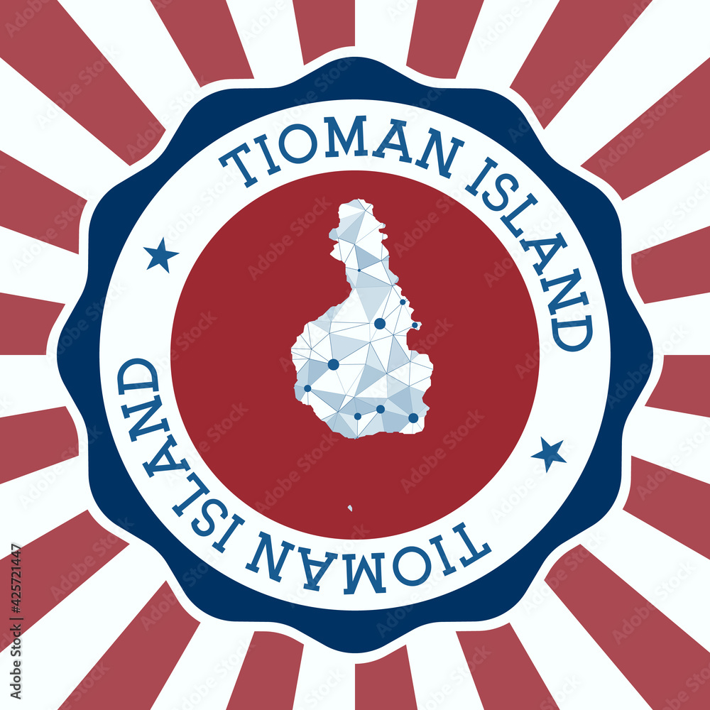 Poster tioman island badge. round logo of island with triangular mesh map and radial rays. eps10 vector.