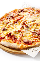 Italian Pizza - Traditional Pepperoni Pizza on Wooden Dish made with Sausage Slice, Tomato Sauce and Cheese. Isolated on White Background.