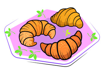 Vector image of croissants on a light background. Drawing lines in color.