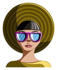 Fototapeta na wymiar Vector image of an old fashioned girl wearing a hat and sunglasses, isolated on white background. EPS 10