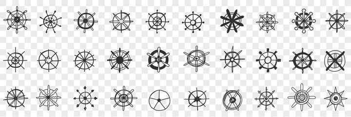 Steering wheel assortment doodle set. Collection of hand drawn various styles of circle steerings wheels on ships boats transport isolated on transparent background