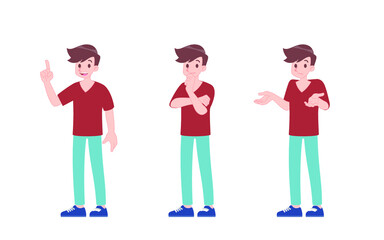 Set of a man pose as figure it out, think and have no idea gesture. Male character in casual clothes take action as find solution, thinking and do not care posture.