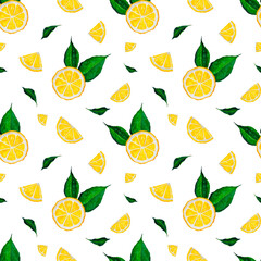 Lemon fruit slice watercolor seamless pattern. Lemon summer hand drawn background. Kitchen pattern. Tropical wallpaper