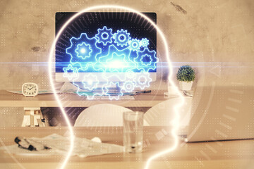 Multi exposure of brain drawing and office interior background. Concept of data technology.