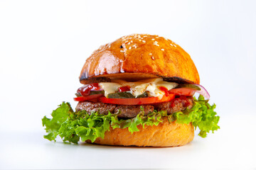 juicy hamburger on a white plate in the studio