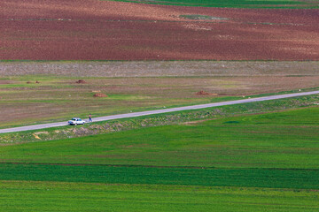 Plowed fields in spring with a condensed perspective