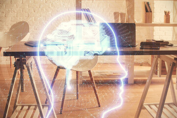 Multi exposure of brain drawing and office interior background. Concept of data technology.