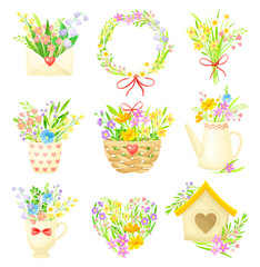 Obraz na płótnie Canvas Spring Composition with Blooming Flower Bunches Rested in Flowerpot and Basket Vector Set