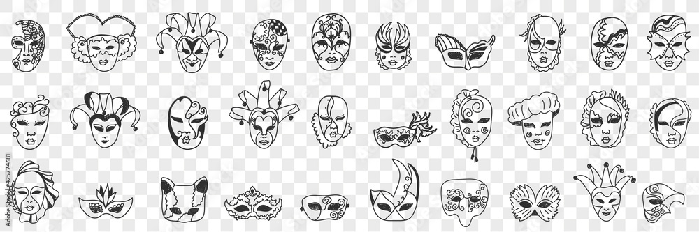 Wall mural Carnival masks assortment doodle set. Collection of hand drawn various styles of decorative face masks as festival carnival costumes isolated on transparent background vector illustration 