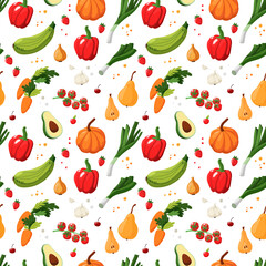 Seamless vector pattern on a white background. A repeating ornament of vegetables, fruits, berries and colored dots. Food illustration for design and decoration.