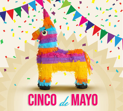 Cinco De Mayo Festive Poster. Bright Funny Pinata On Color Background