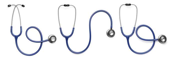 Set with stethoscopes on white background, top view. Banner design