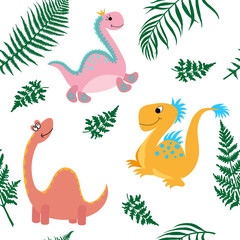 Seamless flat background with cute dinosaurs, fern leaves and palm trees. Pattern, flyer, congratulation, invitation, poster, banner, card, web, packaging, paper, textile, wallpaper