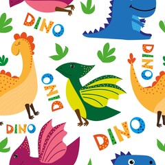 Seamless pattern with cute dinosaurs on a white background with hand-lettering DINO. Isolated objects. Vector illustration for fabric, wallpaper, clothing, covers, packaging.