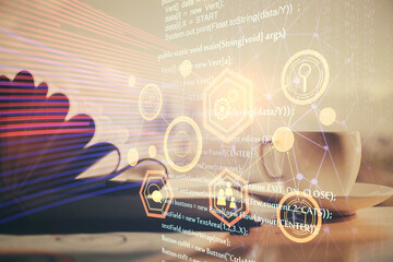 Fototapeta premium Double exposure of technology theme drawing and desktop with coffee and items on table background. Concept of data research.
