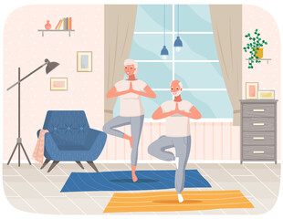 Man doing yoga at home. Elderly happy man standing in tree pose. Person takes care of his health