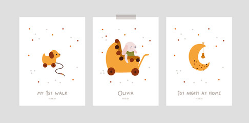Baby milestone cards with cartoon characters for newborn girl or boy. Baby month anniversary card. Nursery prints capturing all the special moments. Baby shower print boho style. 