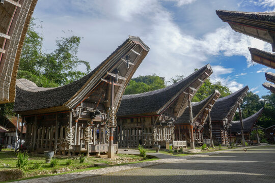 Scenic row of tongkonan or traditional houses in Kete Kesu village street, near Rantepao, Tana Toraja, South Sulawesi, Indonesia