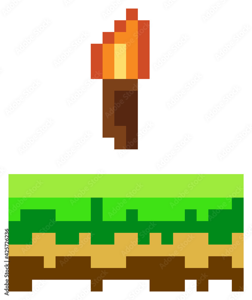 Poster vector pixel torch. pixel art 8-bit. illustration of pixelated object with fire on white background