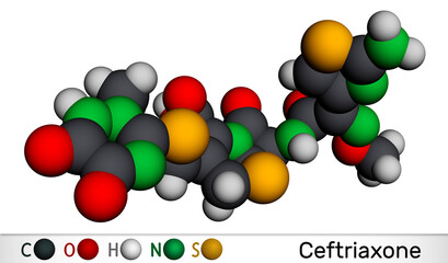 Ceftriaxone molecule. It is broad-spectrum third-generation cephalosporin antibiotic. Molecular model. 3D rendering