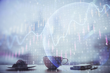 Double exposure of forex chart over coffee cup background in office. Concept of financial analysis and success.