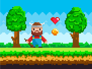 Viking wearing horned hat collects hearts and coins. Pixelated personage with weapon ready to figh