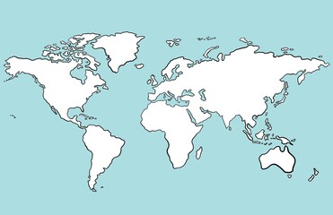 Freehand drawing world map sketch on white background.