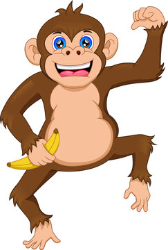 cute monkey cartoon holding banana on a white background