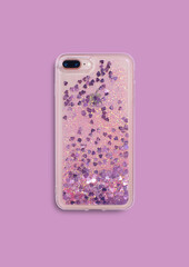 Glitter liquid iPhone 8 plus case back view isolated on pink background. Clear phone case mockup
